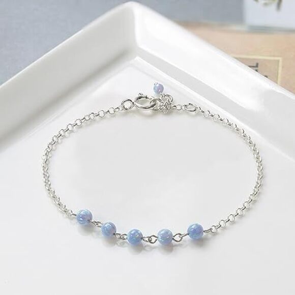 925 Sterling Silver Blue Opal Bracelet - 4mm Round Beads Blue Opal Bracelet for - Picture 5 of 7